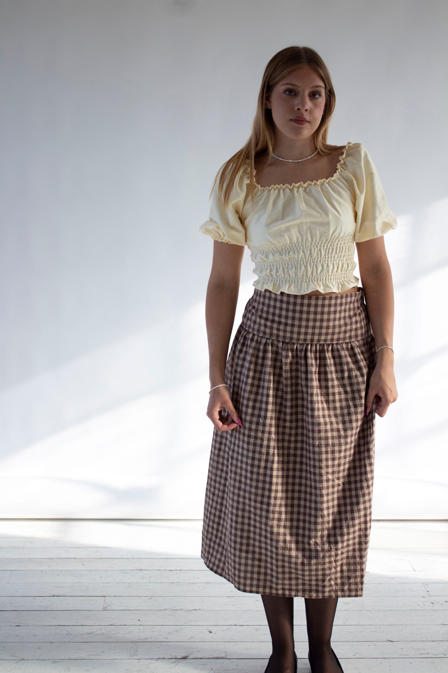 Louisa Camel and Brown Gingham Skirt