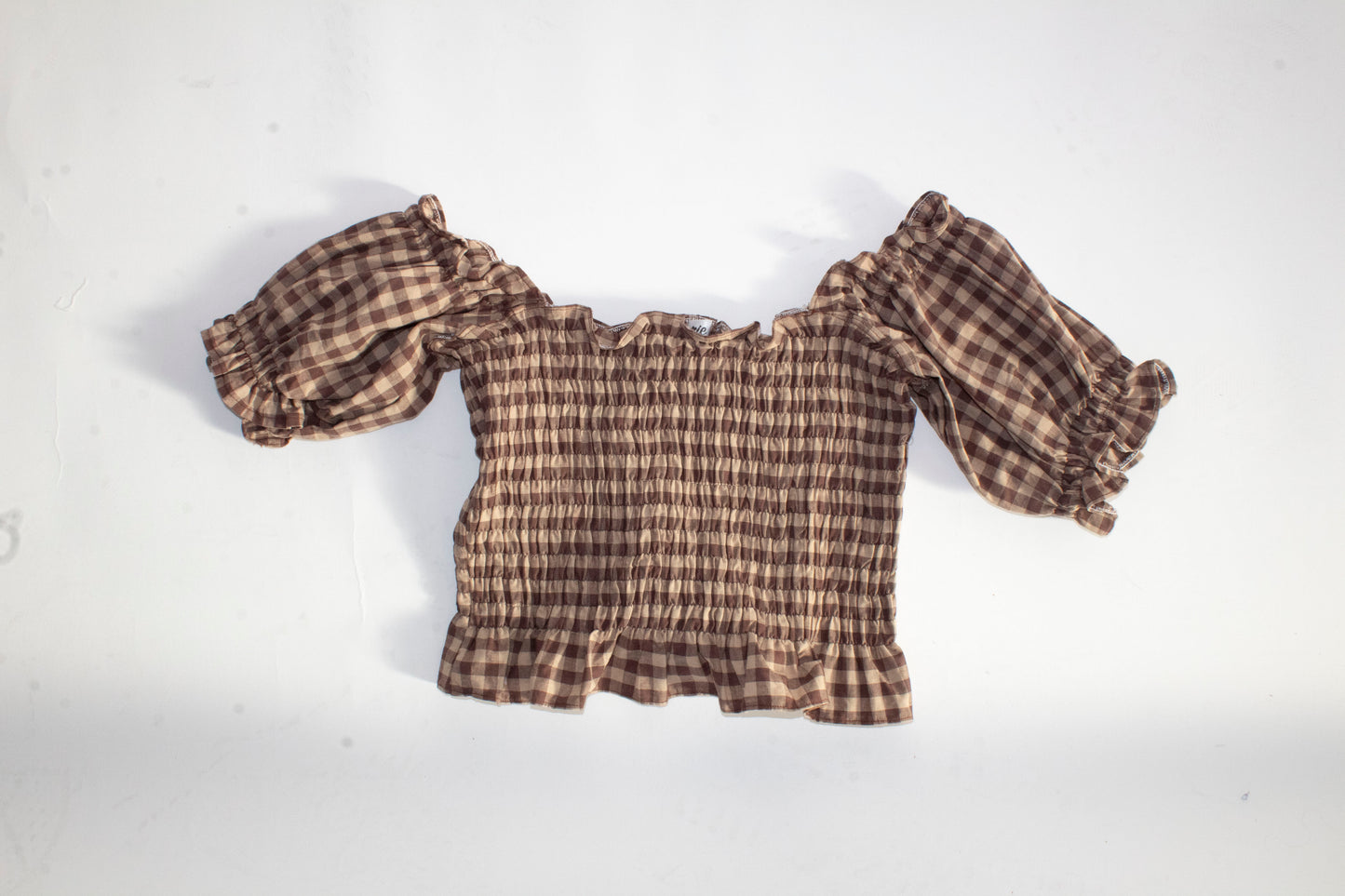 Bella Gingham Camel and Brown Smocked Top