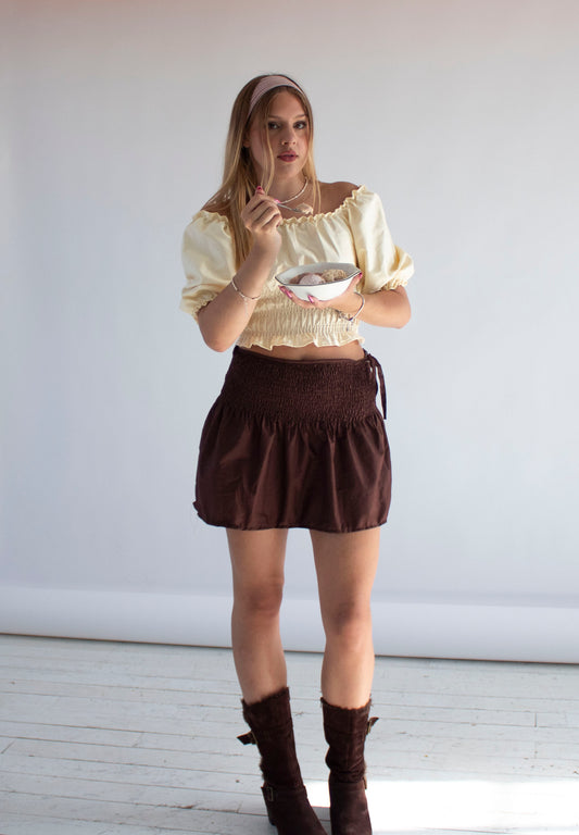 Rosa Brown Smocked Tie Bow Skirt