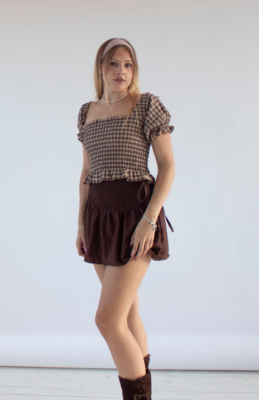 Bella Gingham Camel and Brown Smocked Top