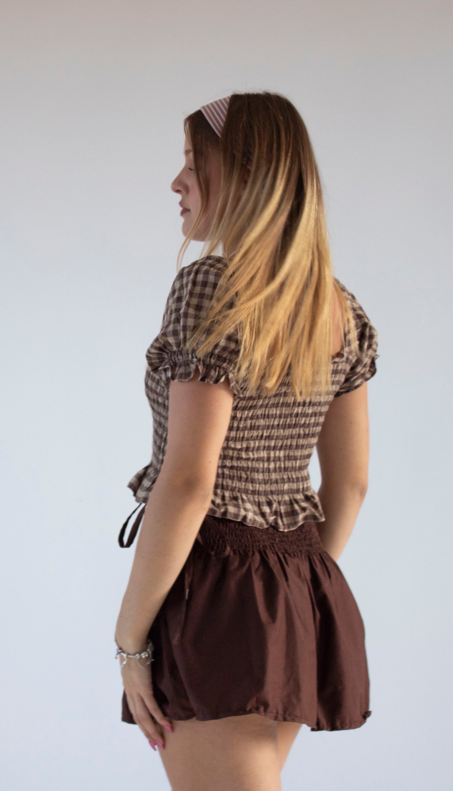 Bella Gingham Camel and Brown Smocked Top