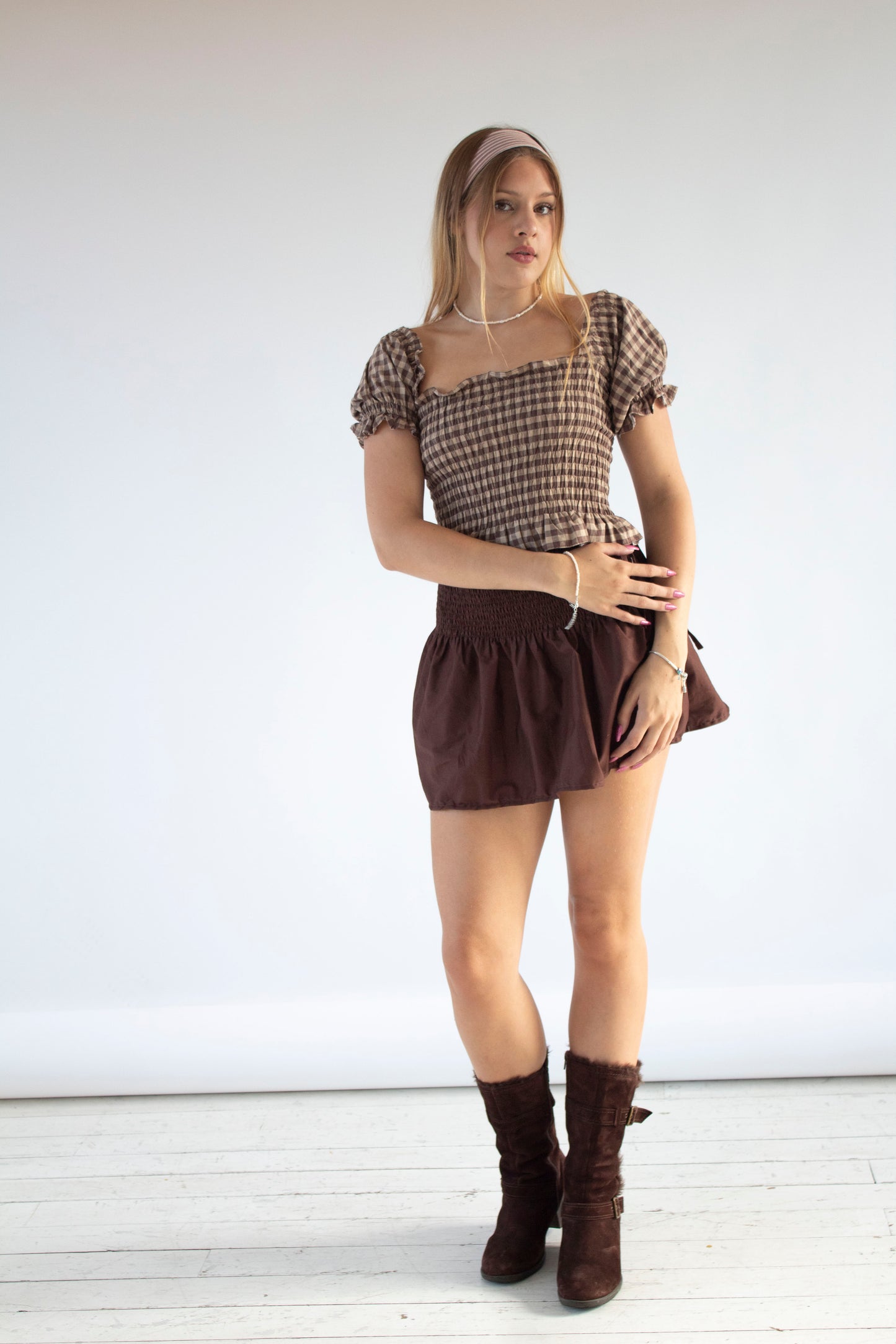 Bella Gingham Camel and Brown Smocked Top