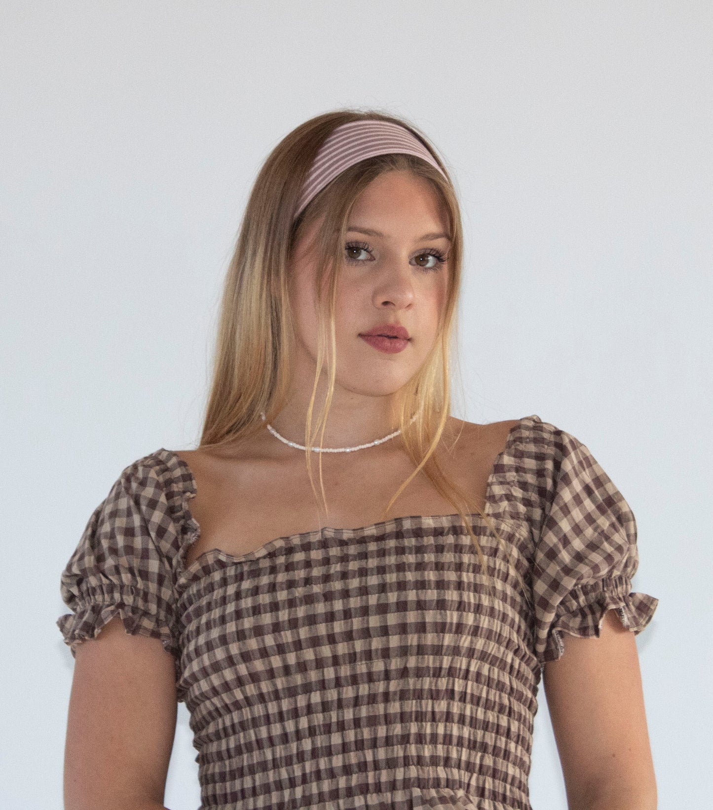 Bella Gingham Camel and Brown Smocked Top