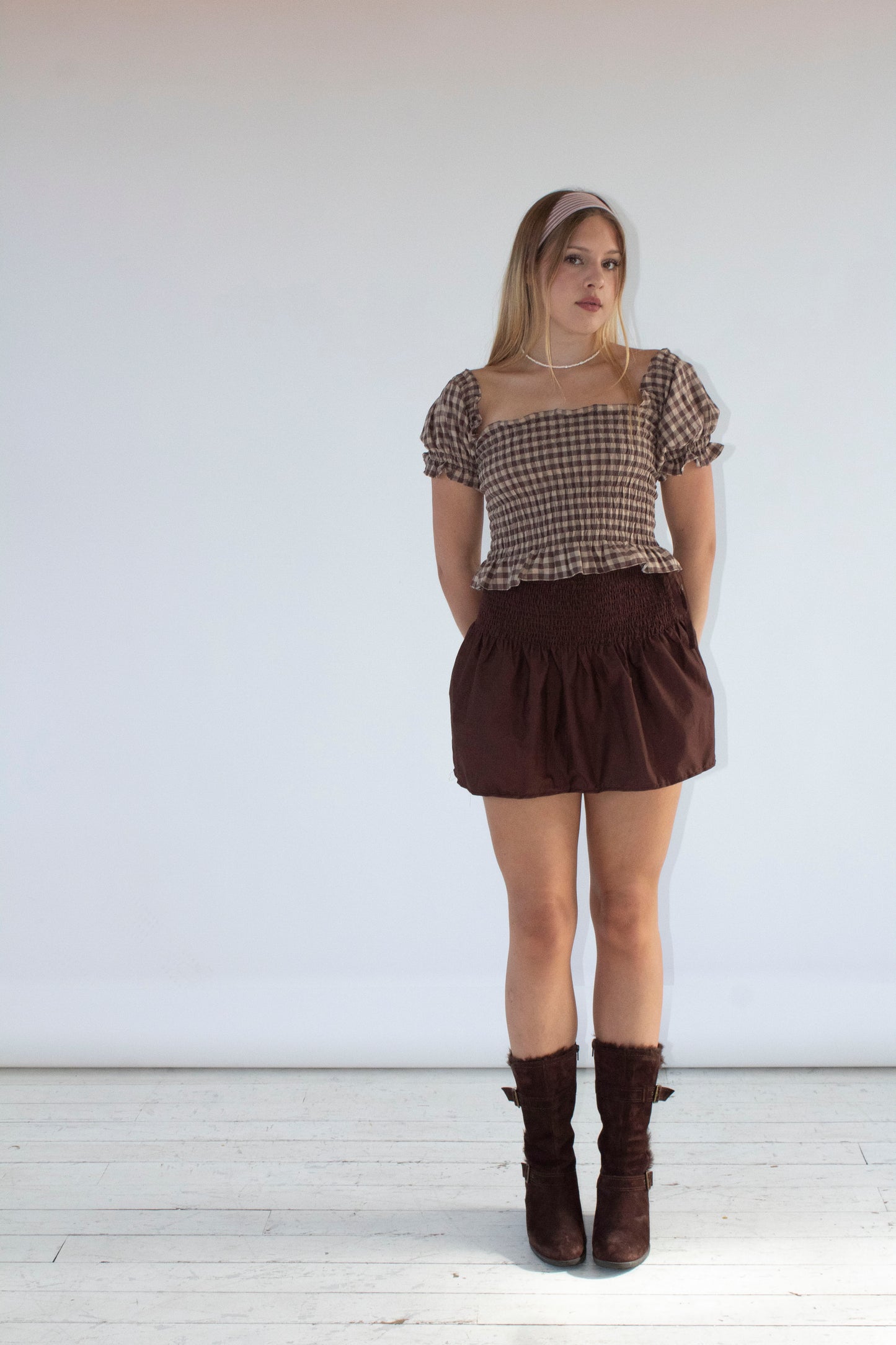Bella Gingham Camel and Brown Smocked Top