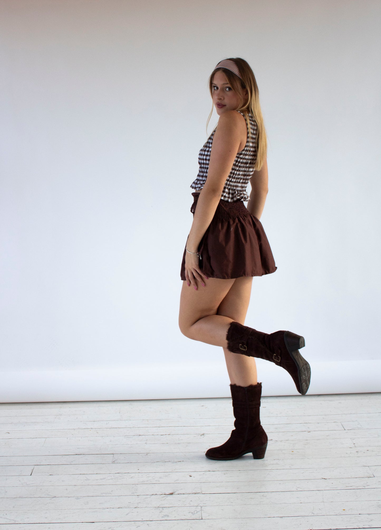 Rosa Brown Smocked Tie Bow Skirt