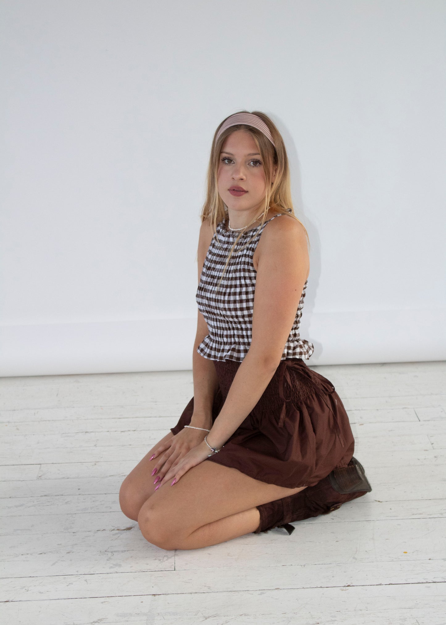 Rosa Brown Smocked Tie Bow Skirt