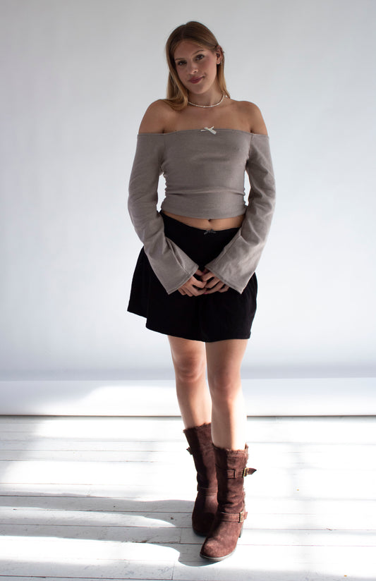 Stella Long Sleeve Off Shoulder Ribbed Striped Flare Top