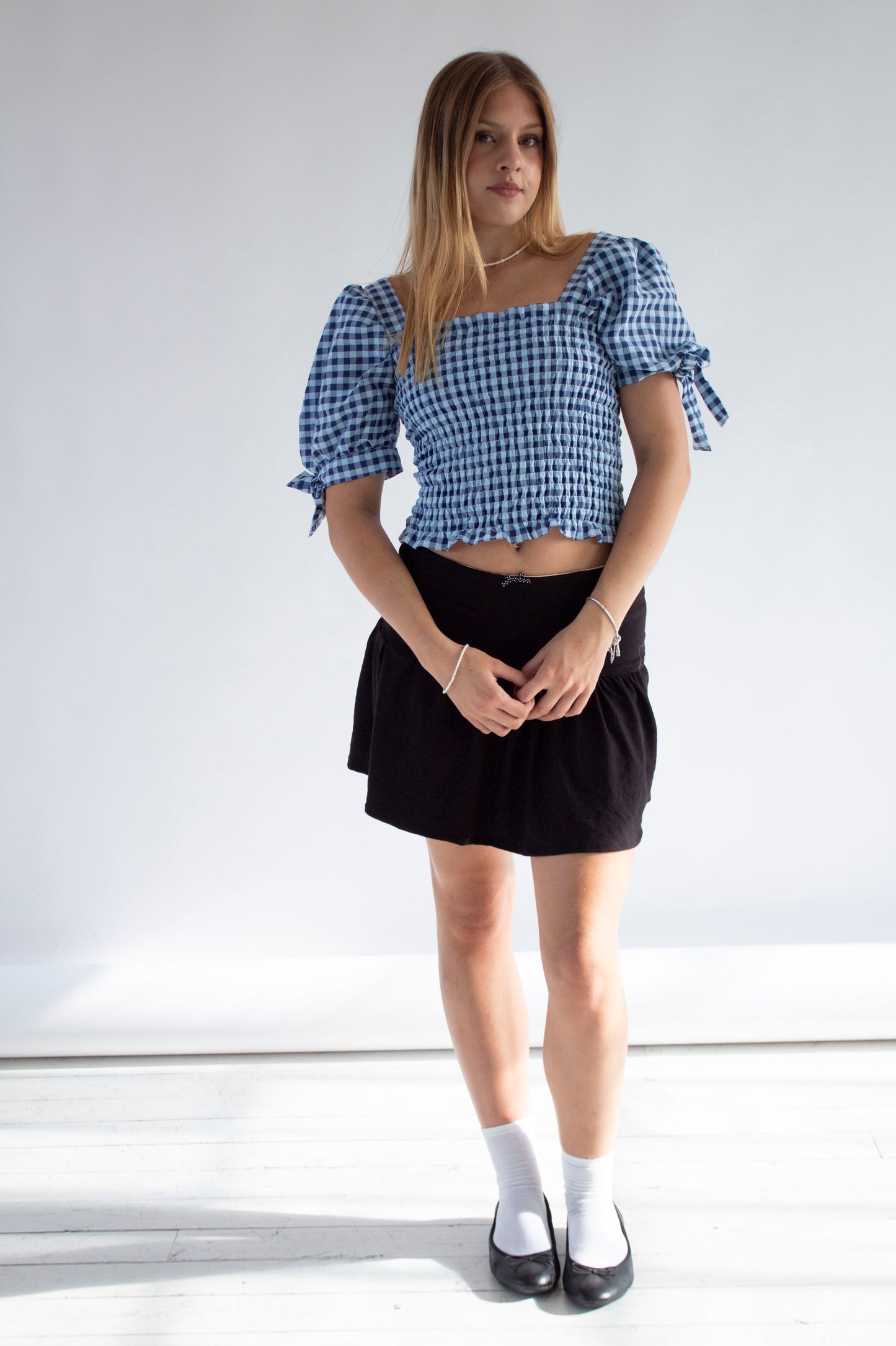 Cassandra Smocked Blue Gingham Top