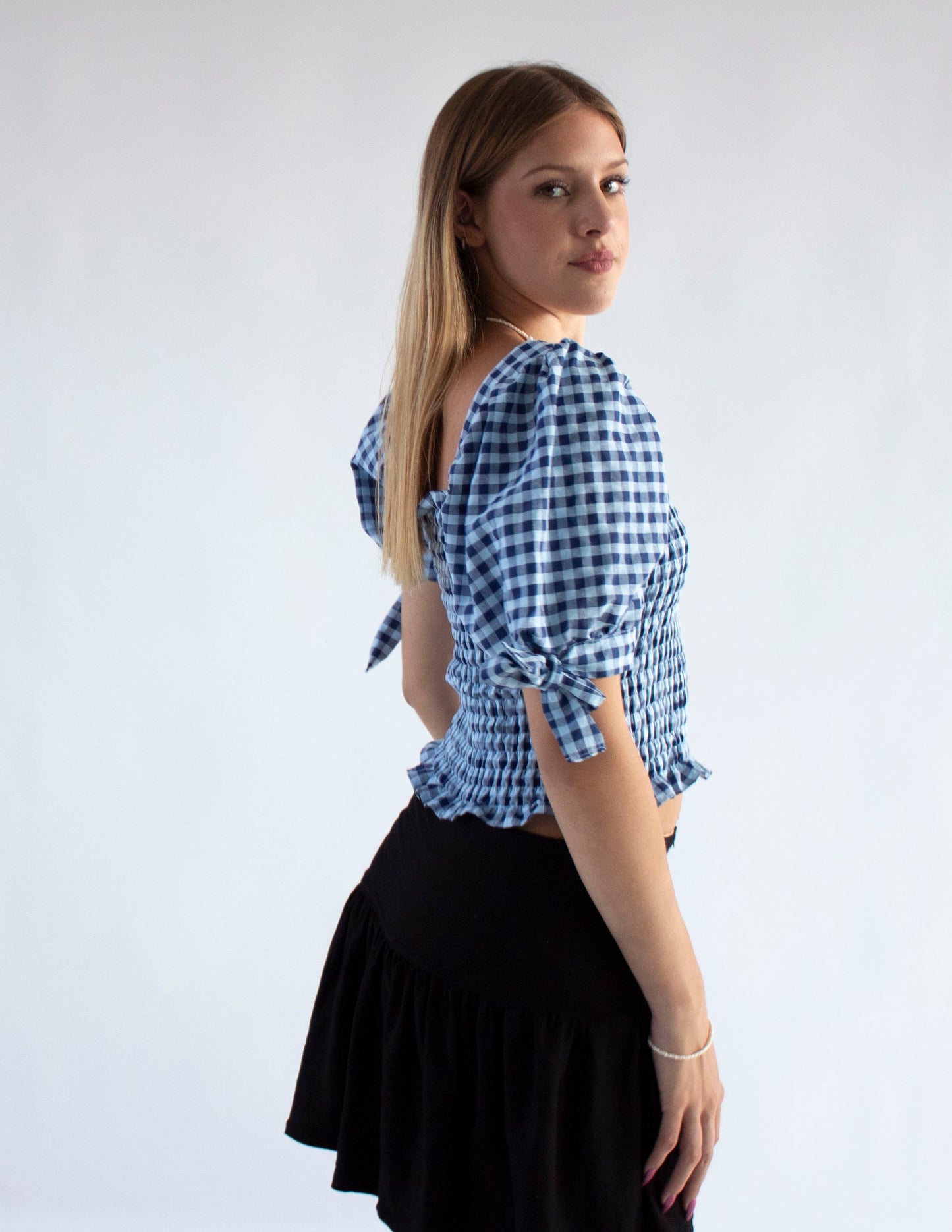 Cassandra Smocked Blue Gingham Top