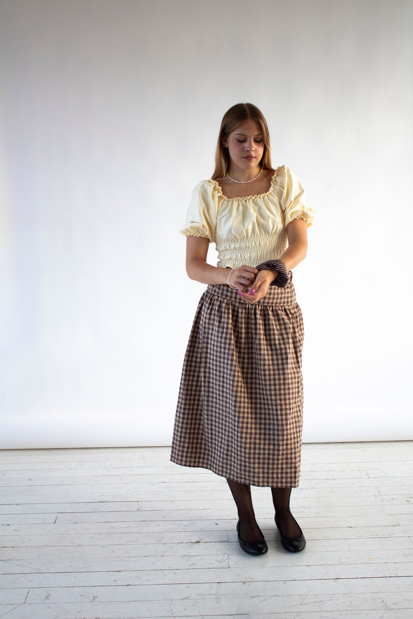 Louisa Camel and Brown Gingham Skirt