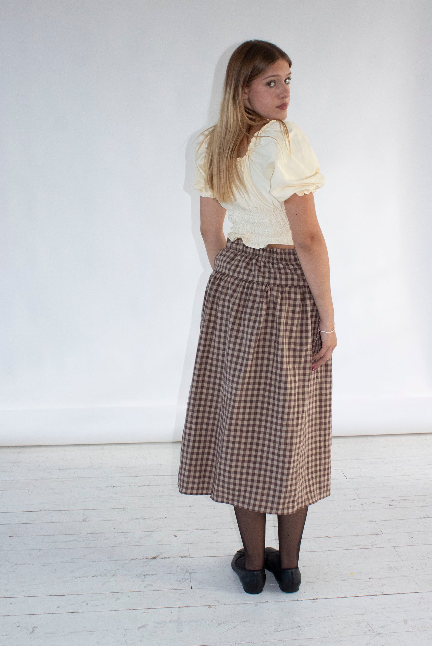 Louisa Camel and Brown Gingham Skirt