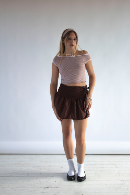 Rosa Brown Smocked Tie Bow Skirt