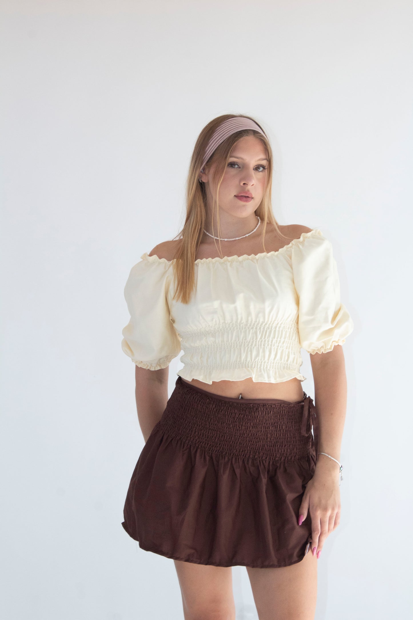 Rosa Brown Smocked Tie Bow Skirt