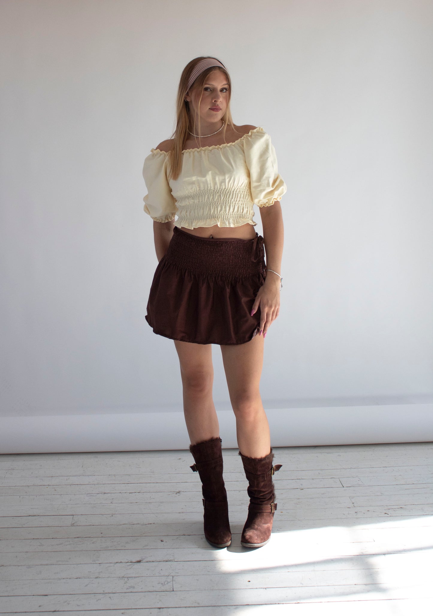 Rosa Brown Smocked Tie Bow Skirt