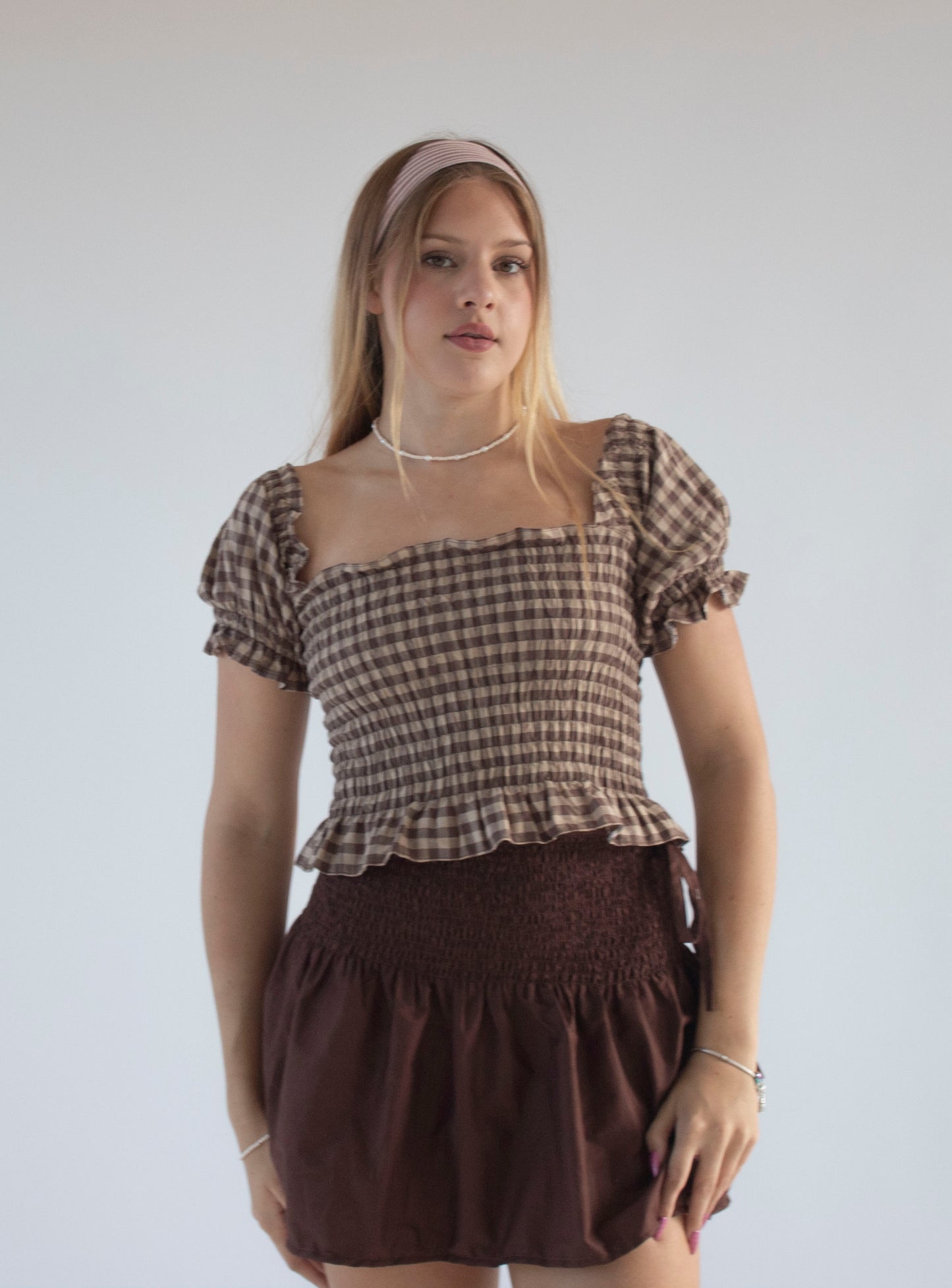 Bella Gingham Camel and Brown Smocked Top