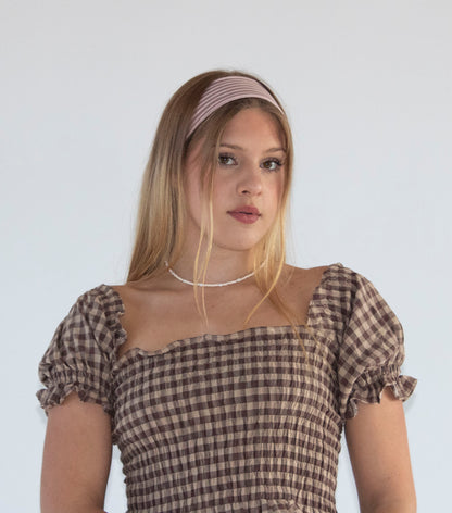 Bella Gingham Camel and Brown Smocked Top