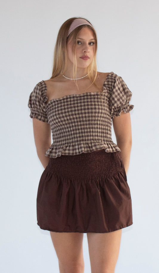 Bella Gingham Camel and Brown Smocked Top