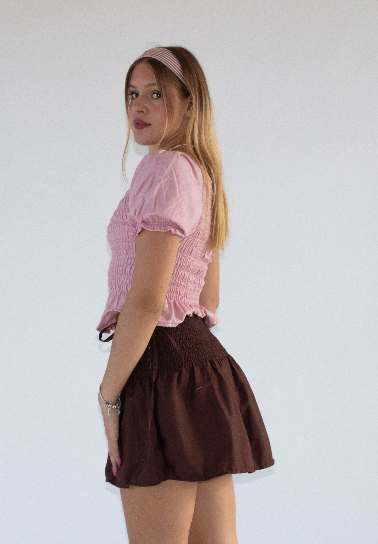 Rosa Brown Smocked Tie Bow Skirt