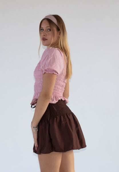 Rosa Brown Smocked Tie Bow Skirt