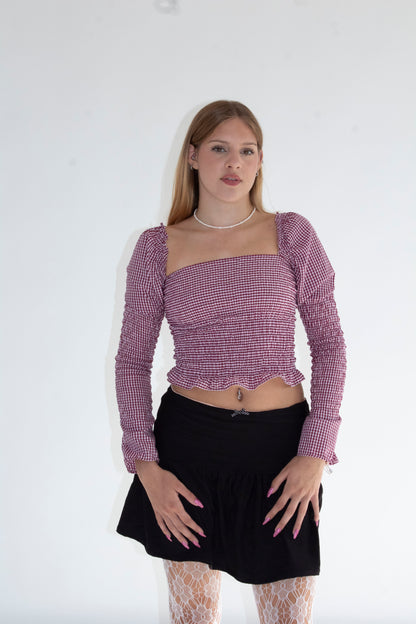 Arabella Smocked Pink Gingham Long Sleeve Top