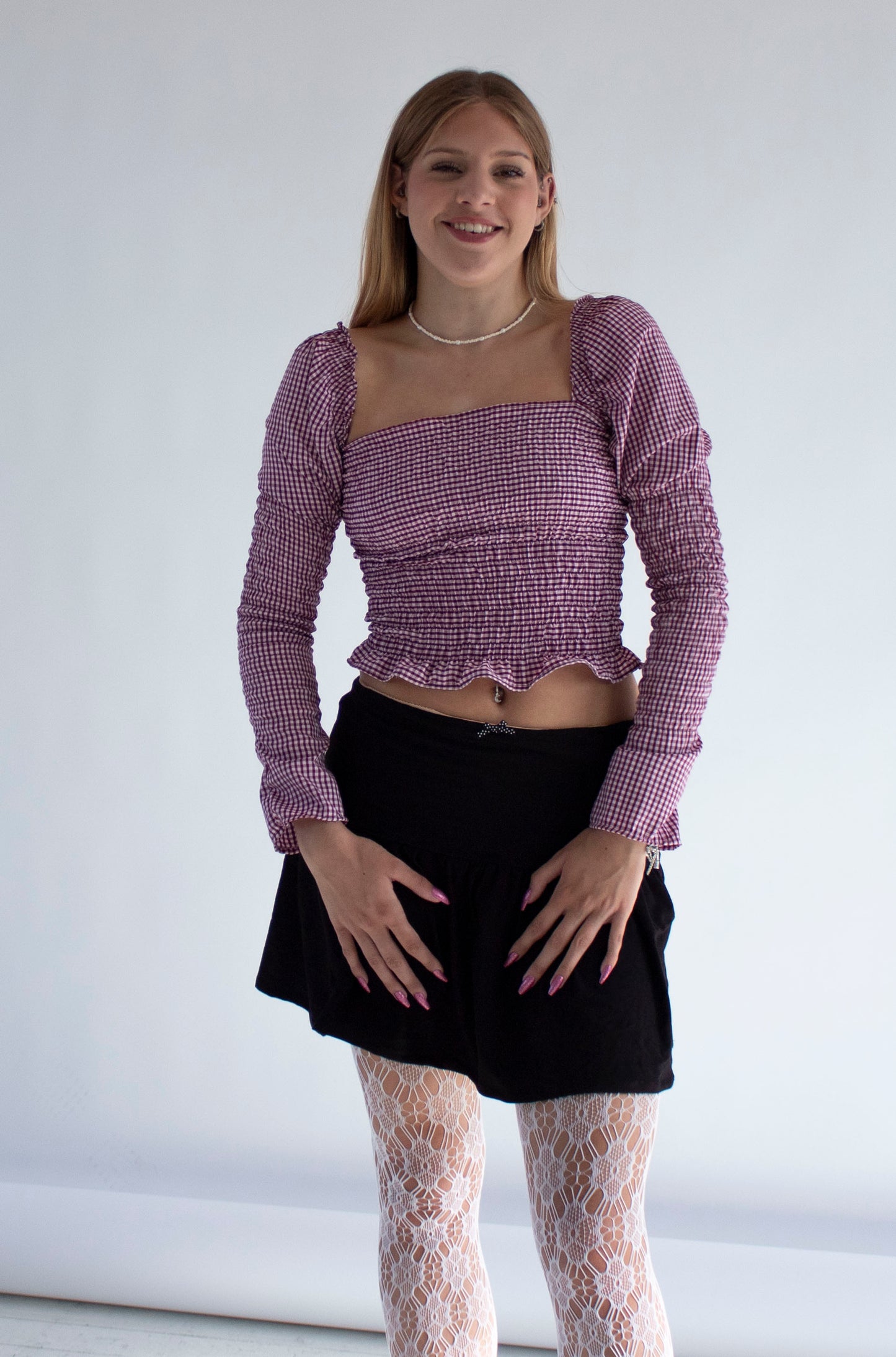 Arabella Smocked Pink Gingham Long Sleeve Top