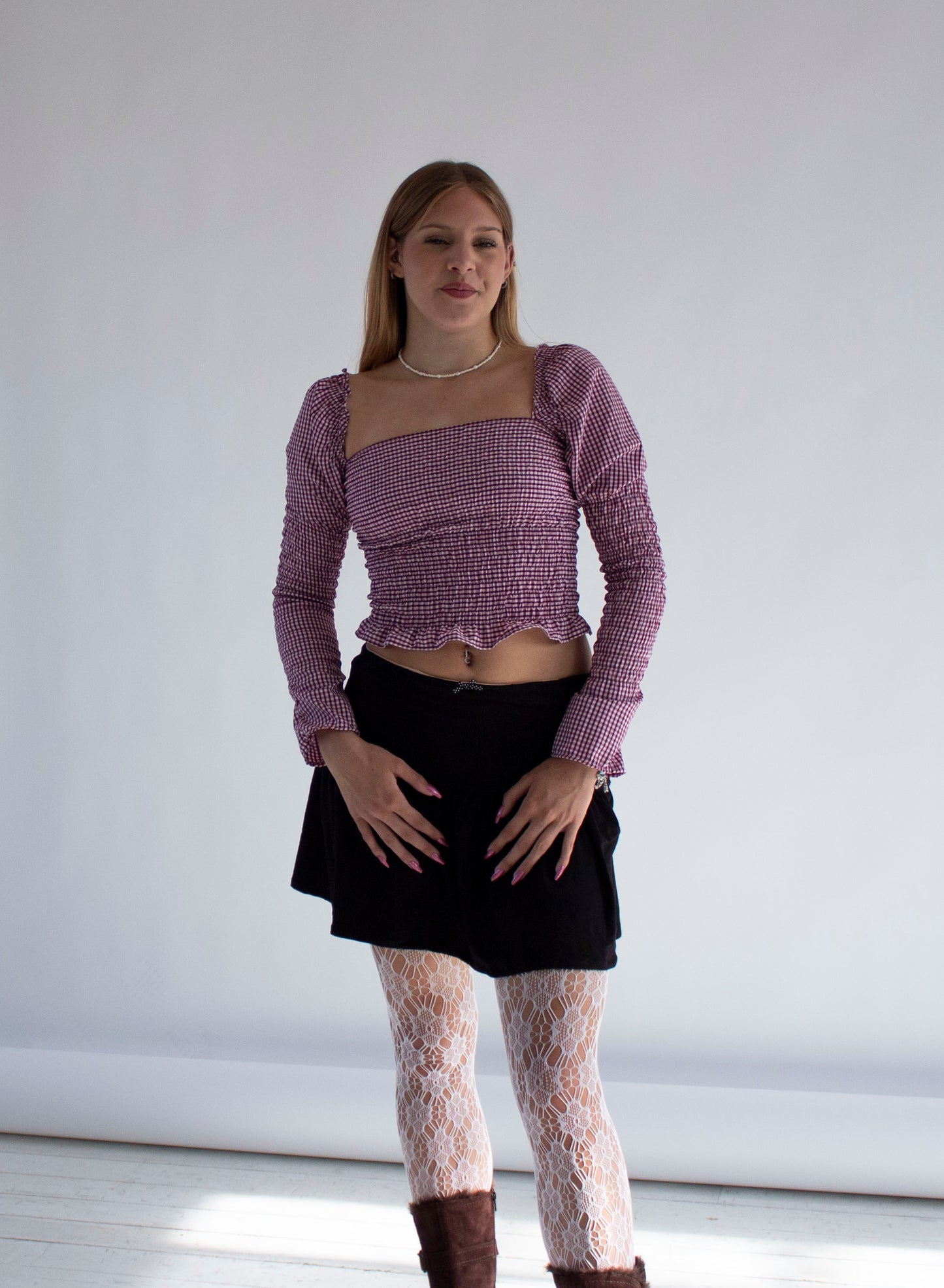 Arabella Smocked Pink Gingham Long Sleeve Top