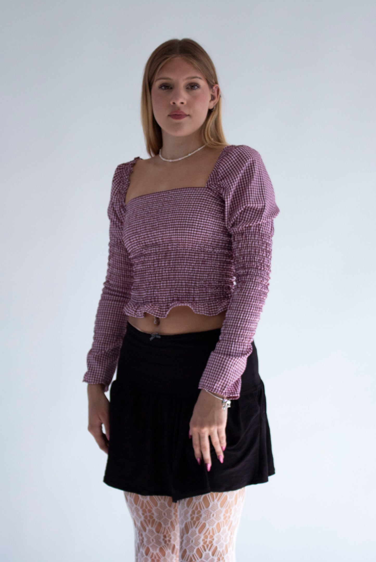 Arabella Smocked Pink Gingham Long Sleeve Top