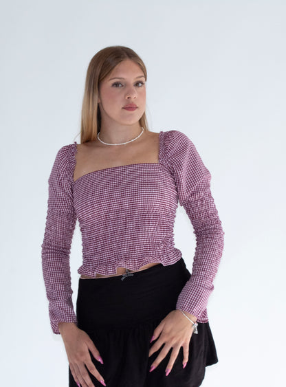 Arabella Smocked Pink Gingham Long Sleeve Top