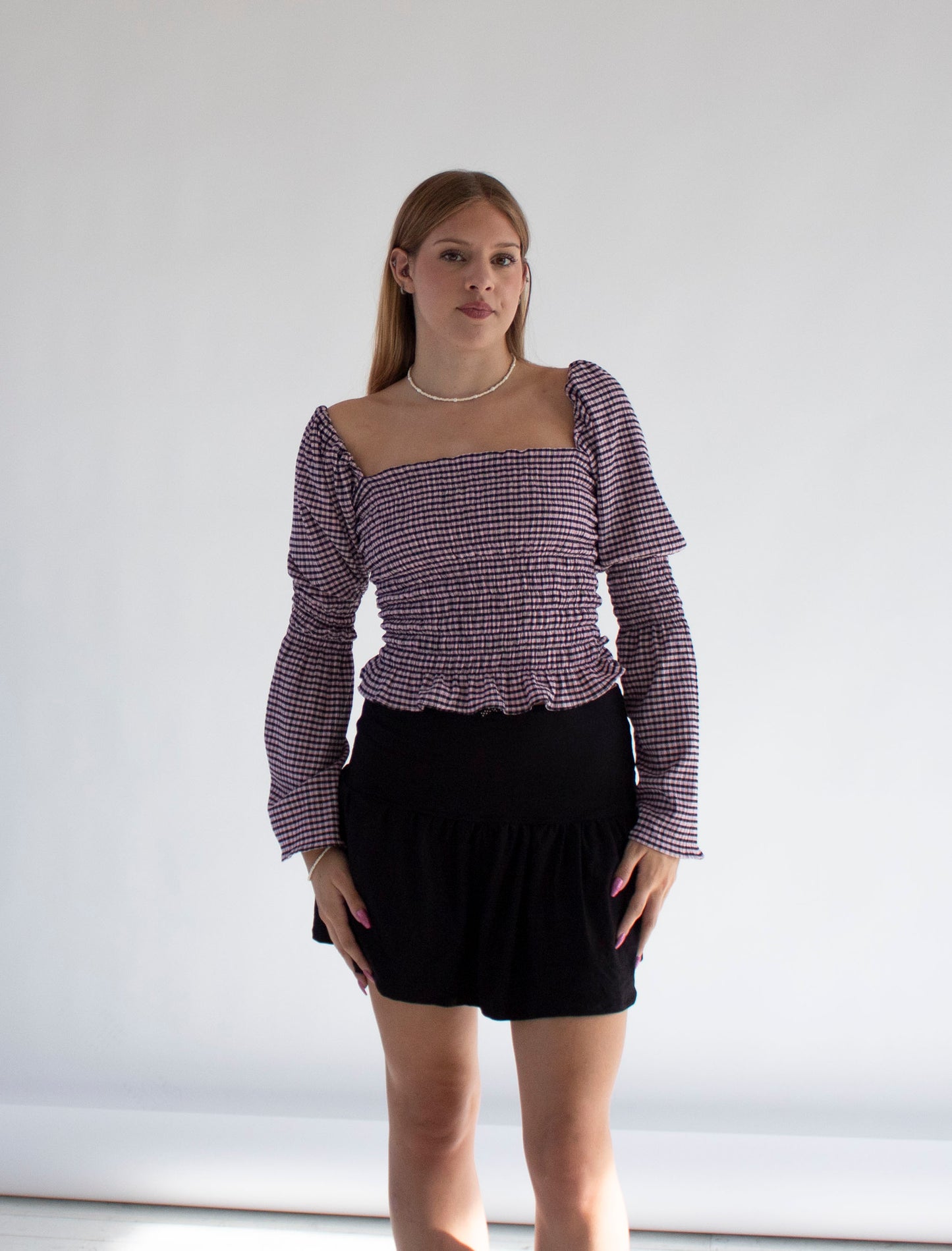 Elouise Smocked Pink Gingham Long Sleeve Top