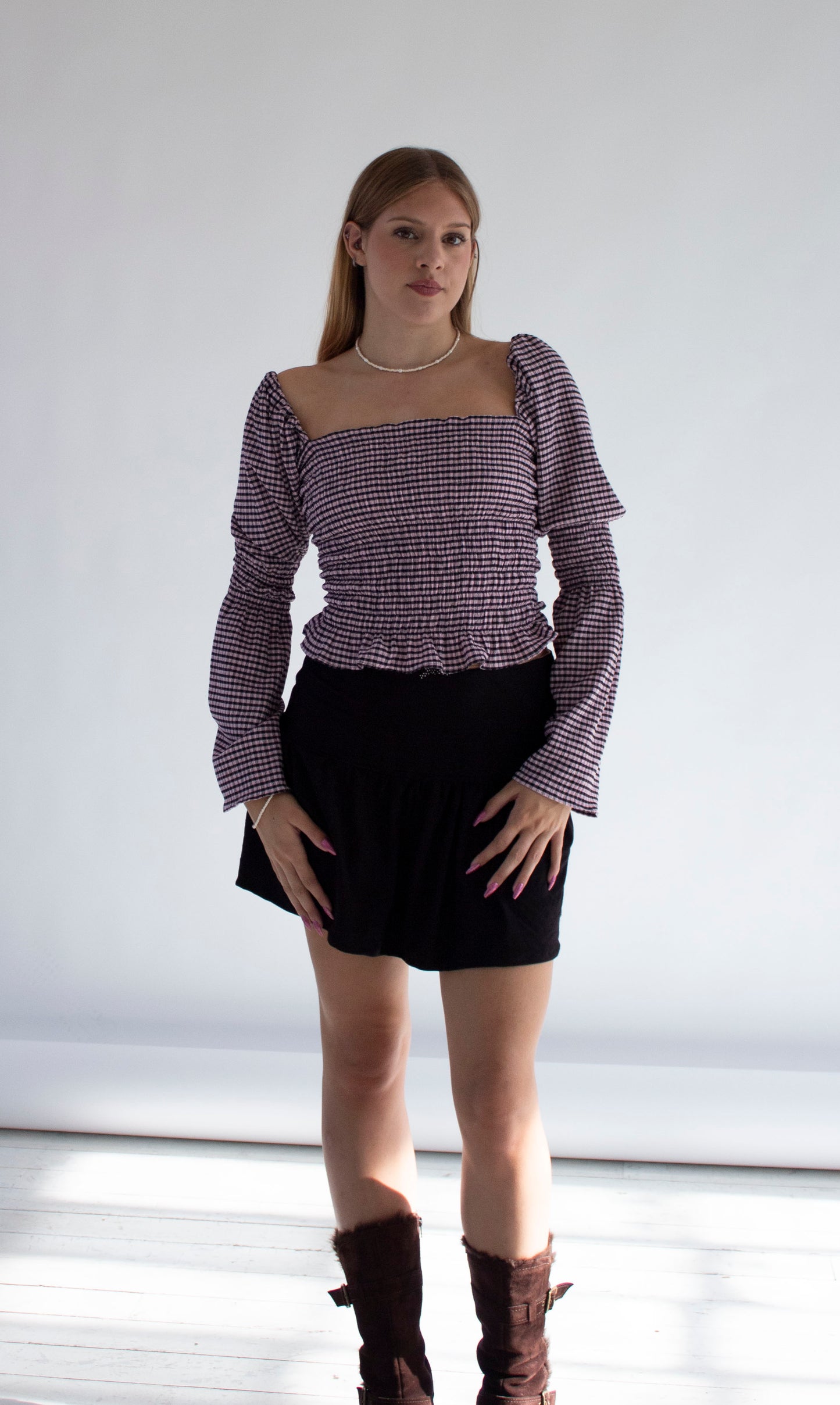 Elouise Smocked Pink Gingham Long Sleeve Top