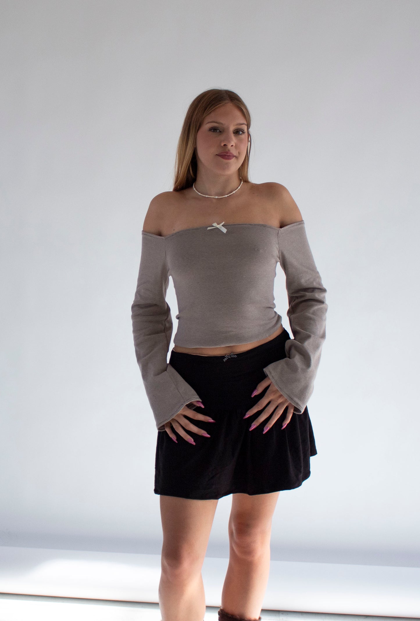 Stella Long Sleeve Off Shoulder Ribbed Striped Flare Top