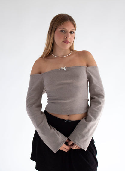 Stella Long Sleeve Off Shoulder Ribbed Striped Flare Top