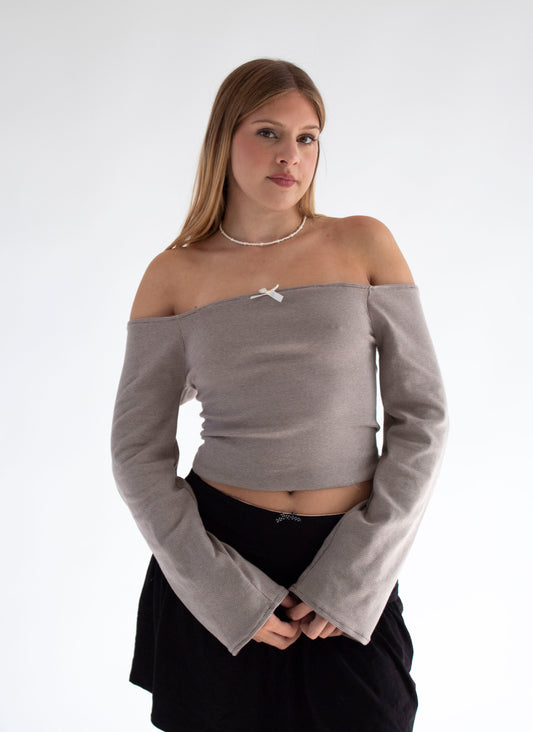 Stella Long Sleeve Off Shoulder Ribbed Striped Flare Top
