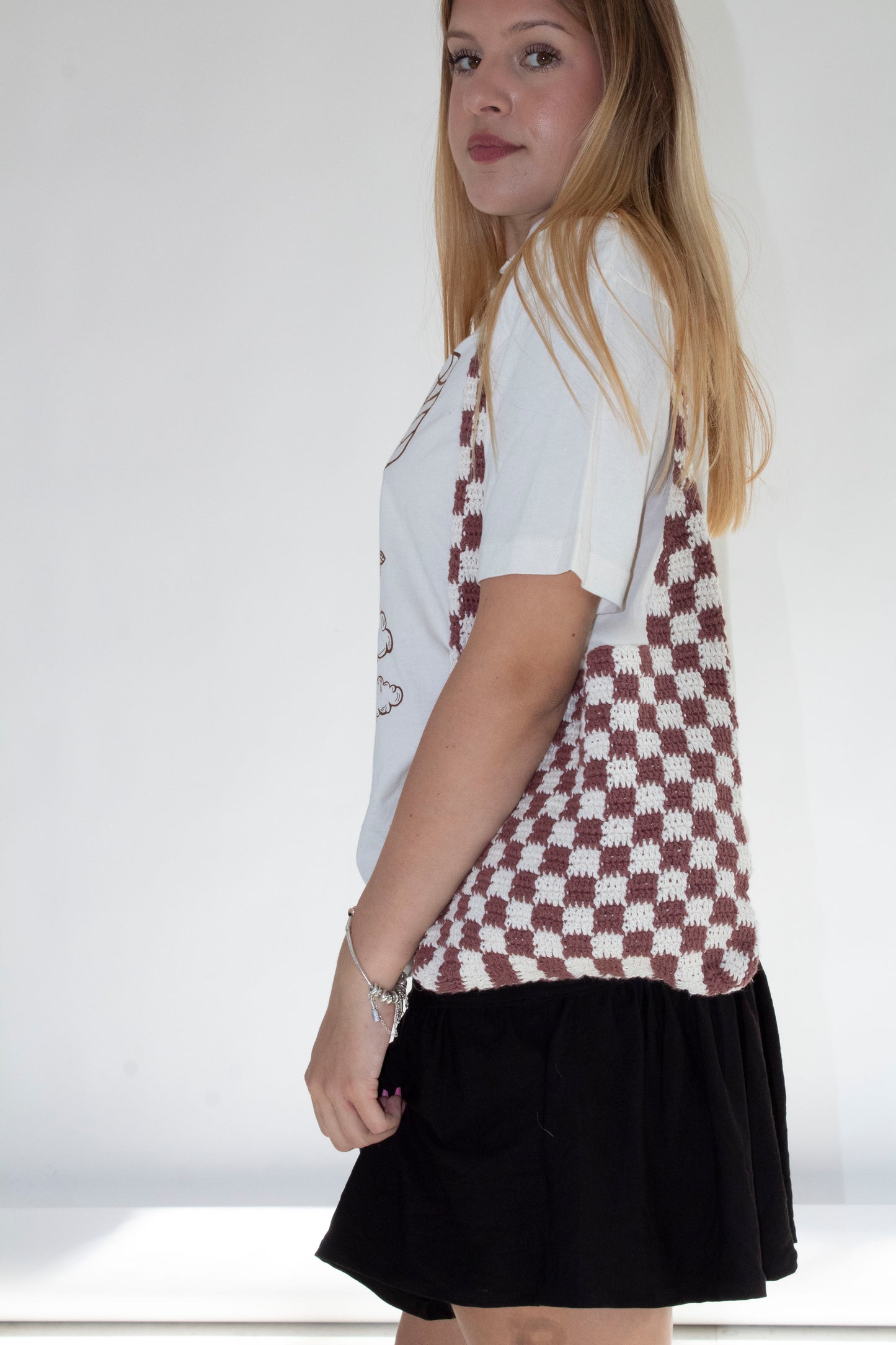 Brown Chequered Crochet Bag