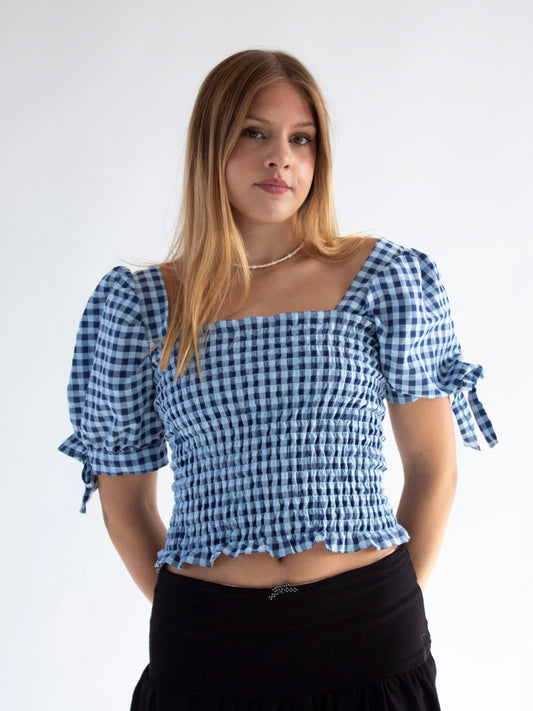 Cassandra Smocked Blue Gingham Top