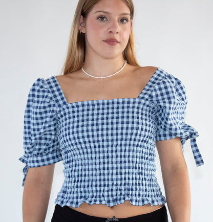 Cassandra Smocked Blue Gingham Top