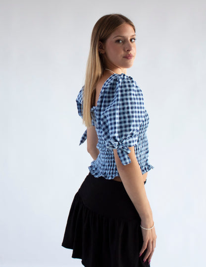 Cassandra Smocked Blue Gingham Top