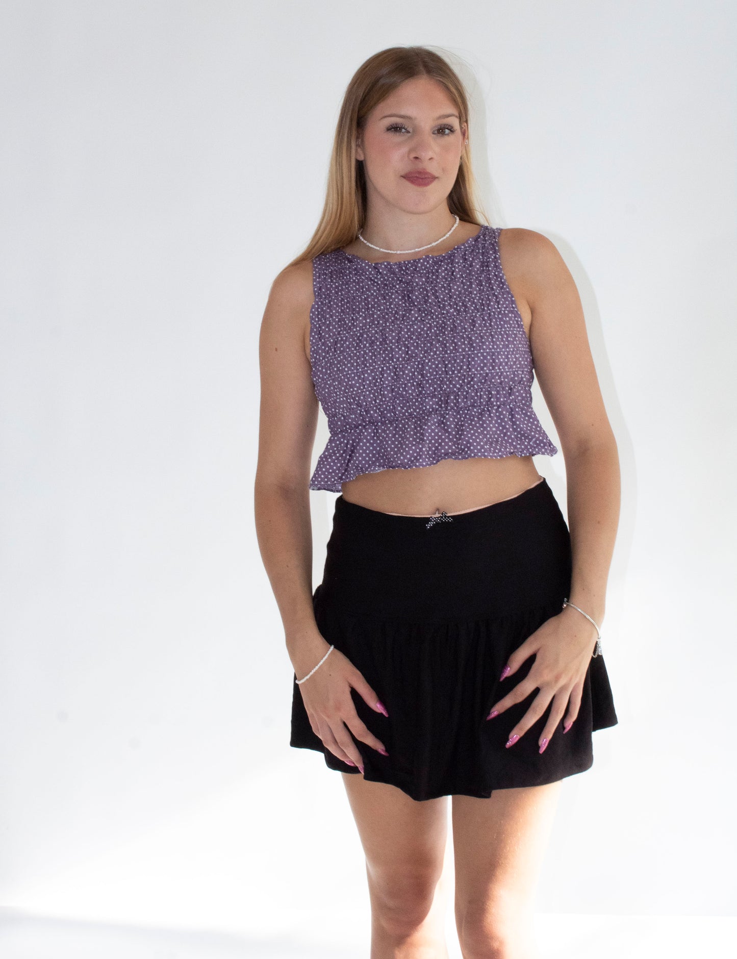 Dorothy Purple Polka Dot Smocked Top