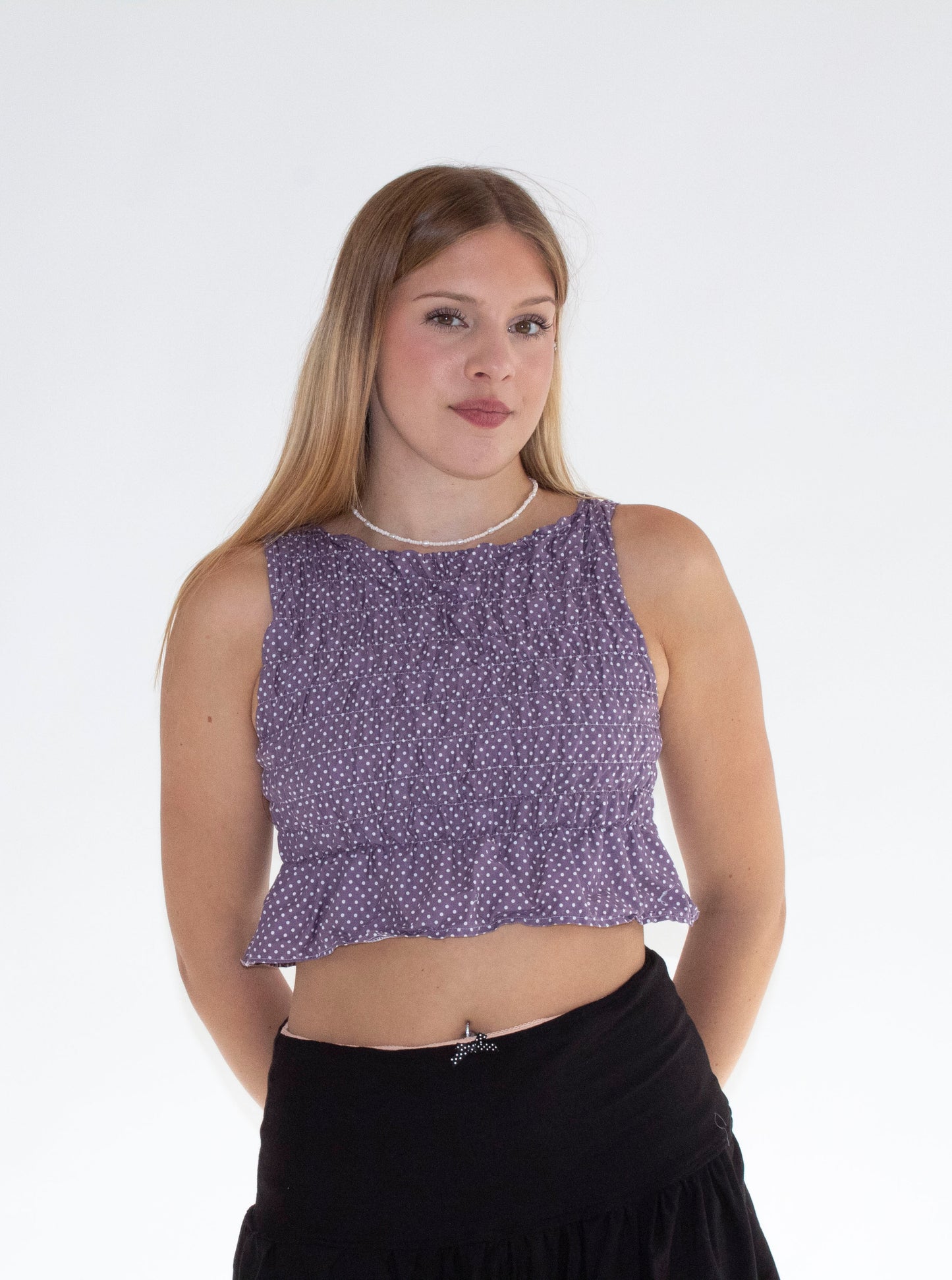 Dorothy Purple Polka Dot Smocked Top