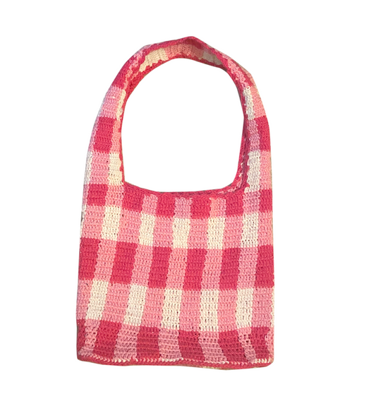 Pink Gingham Crochet Tote Bag